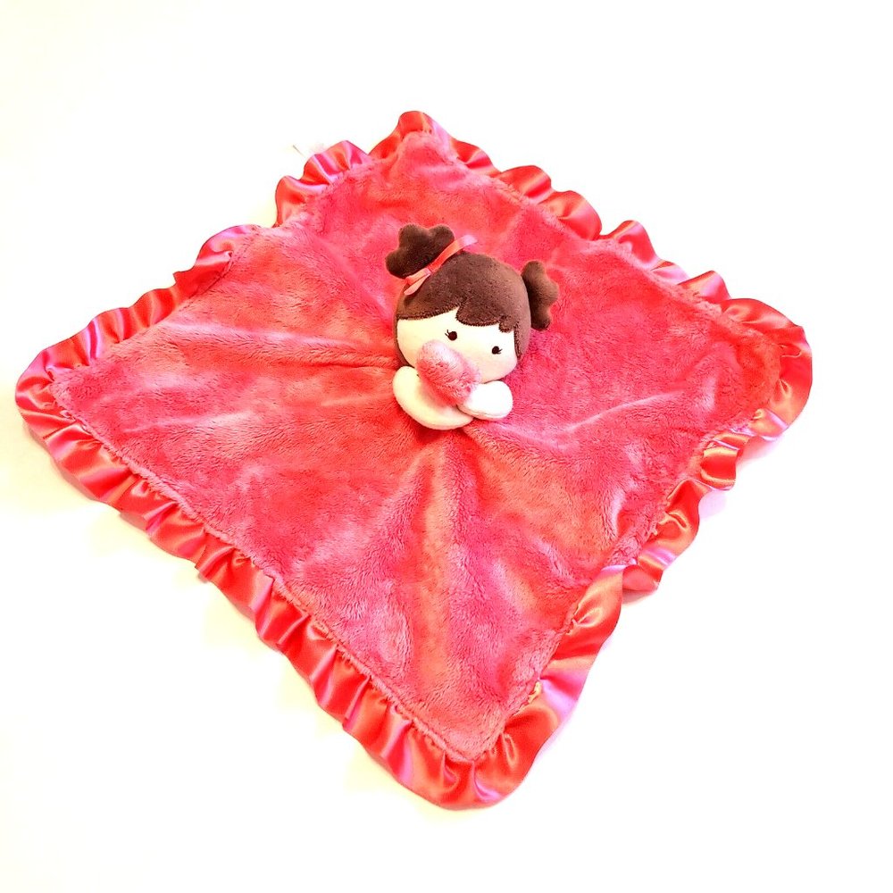 Carters Orange Red Brunette Girl Doll Satin Rattle Lovey Security Blanket Plush